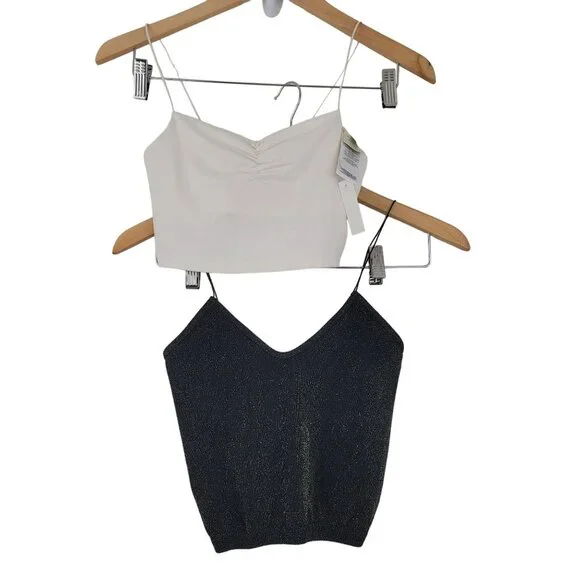 Free People Madewell Crop Tops Lot of 2 Sz XS/XXS in Metallic Black & Off White - Picture 16 of 16